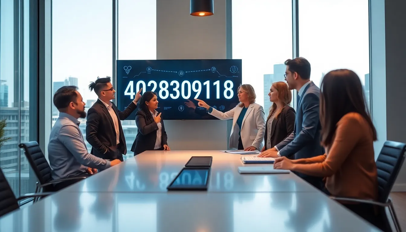 diverse professionals discussing a digital interface showing the number 4028309108.